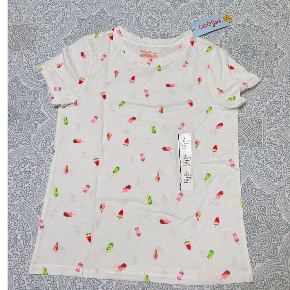Cat & Jack Girls Ice Cream Popsicle Print Short Sleeve Tee White Size L 10-12